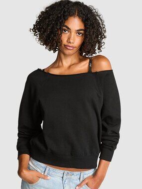 NWT Victoria's Secret Black Campus Fleece Off-the-Shoulder Sweatshirt
